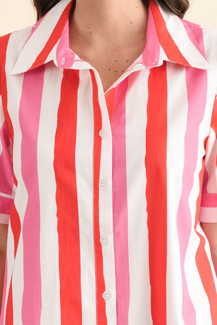 Chatham Red Stripe Palm Cotton Dress,Detail,Brunette model,alt text|model:MJ