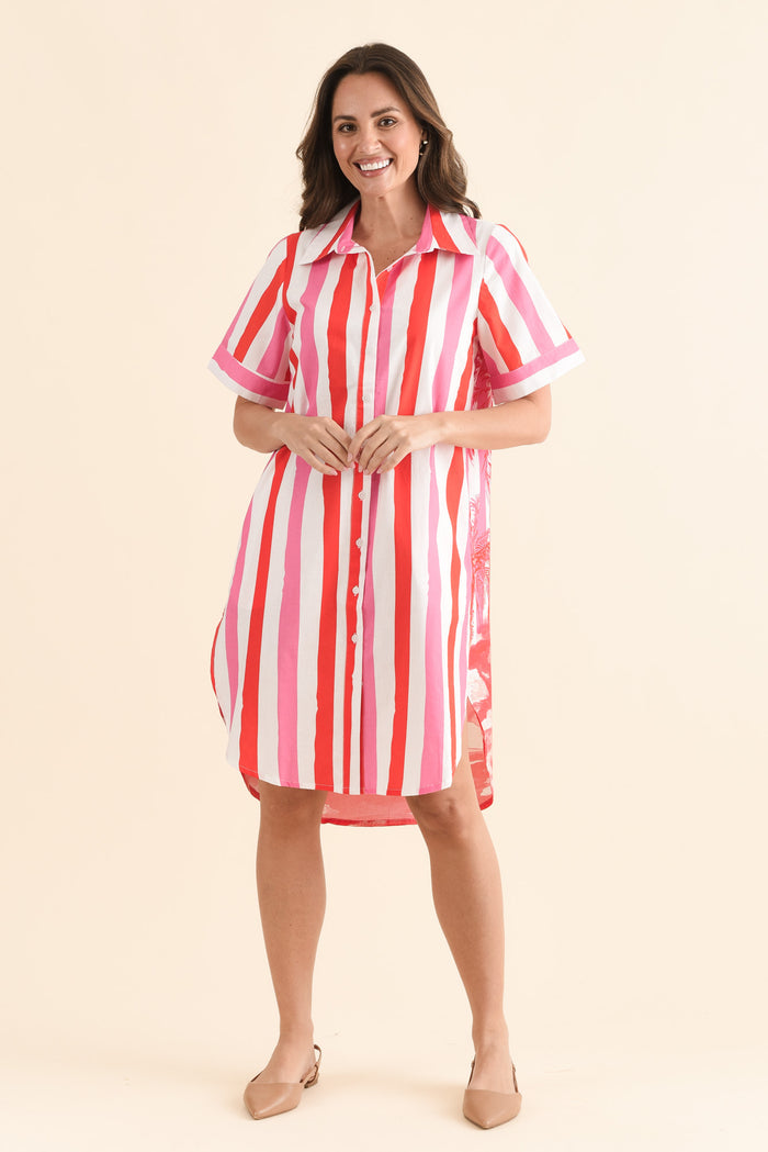 Chatham Red Stripe Palm Cotton Dress,Full Body,Brunette model,alt text|model:MJ