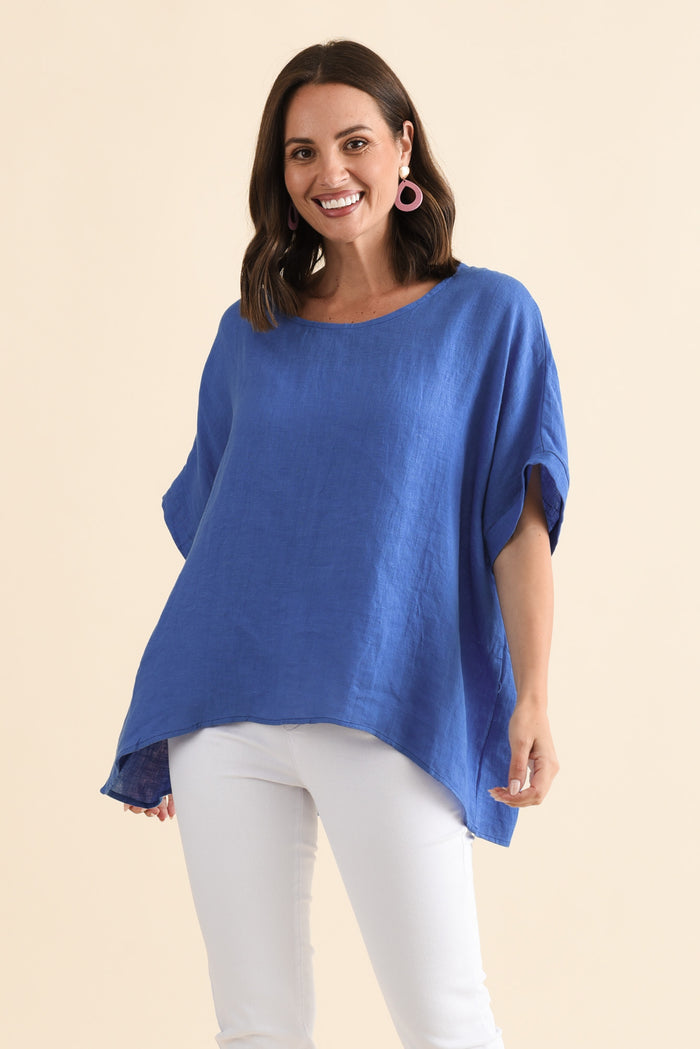Chaya Cobalt Linen Top,Brunette model,alt text|model:MJ