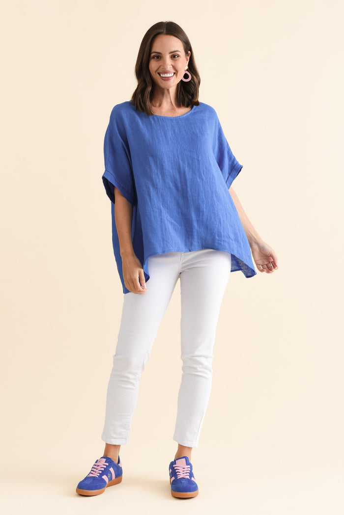 Chaya Cobalt Linen Top,Brunette model,alt text|model:MJ