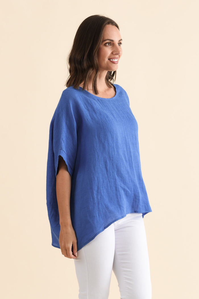 Chaya Cobalt Linen Top,Brunette model,alt text|model:MJ