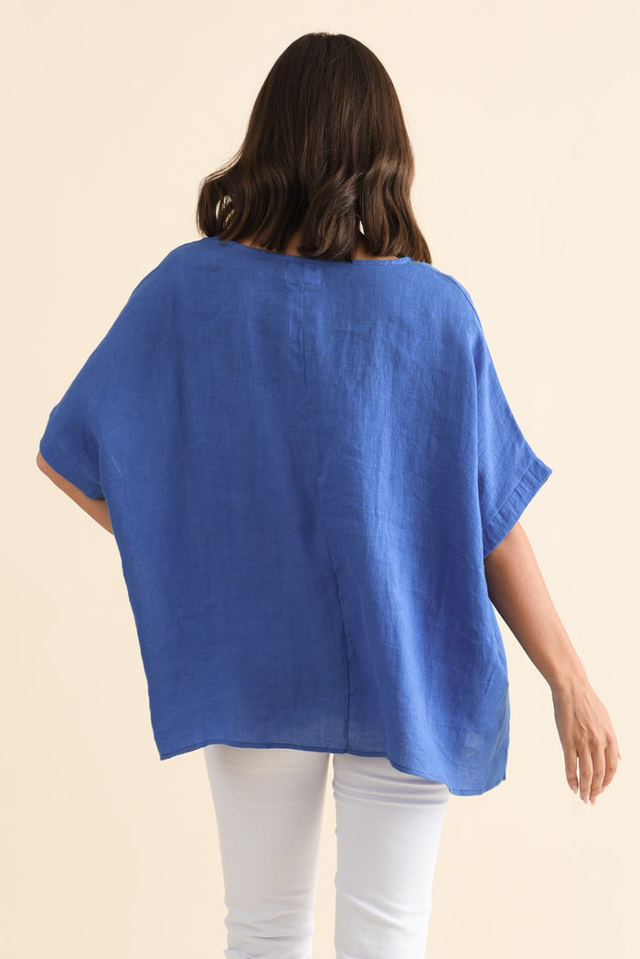 Chaya Cobalt Linen Top,Brunette model,alt text|model:MJ
