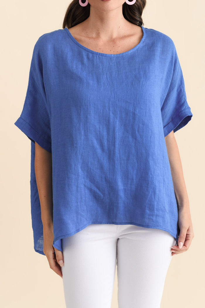 Chaya Cobalt Linen Top,Brunette model,alt text|model:MJ