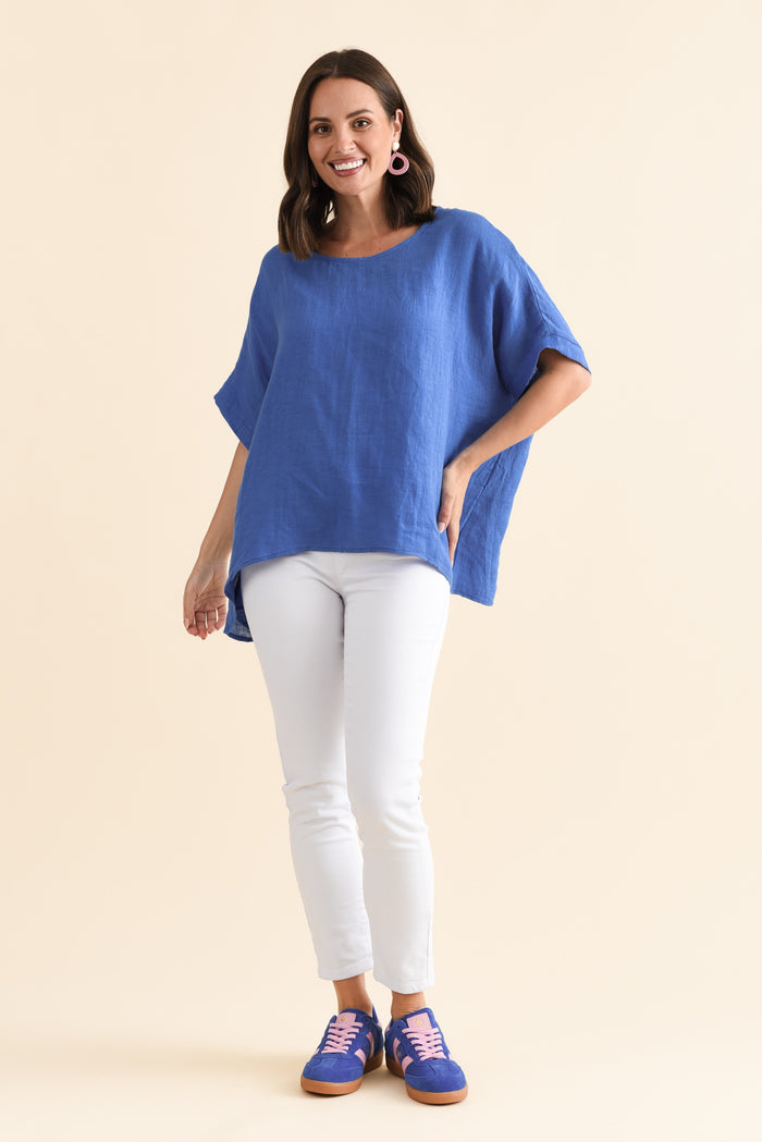 Chaya Cobalt Linen Top,Brunette model,alt text|model:MJ