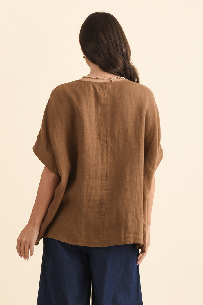 Chaya Mocha Linen Top,Brunette model,alt text|model:MJ