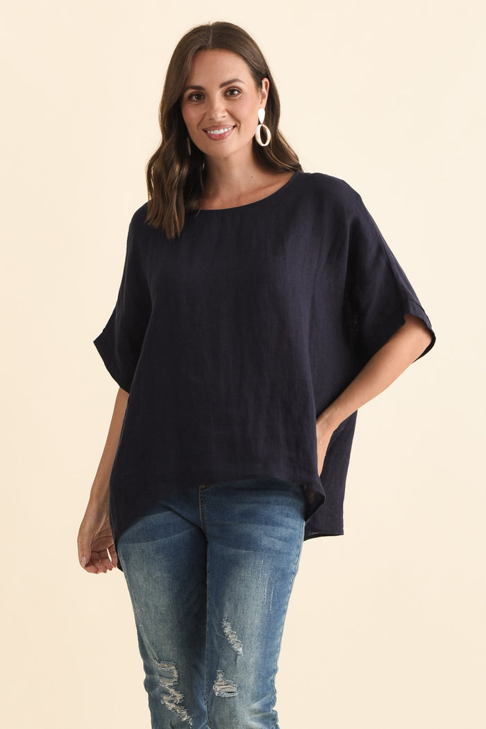 Chaya Navy Linen Top,Brunette model,alt text|model:MJ