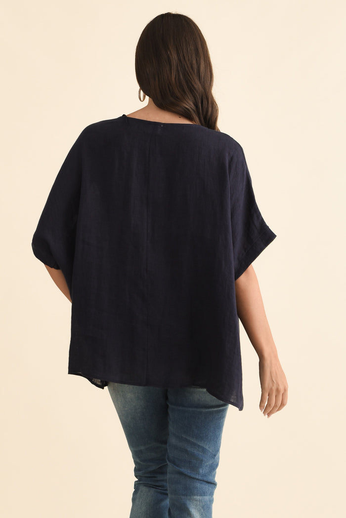 Chaya Navy Linen Top,Brunette model,alt text|model:MJ