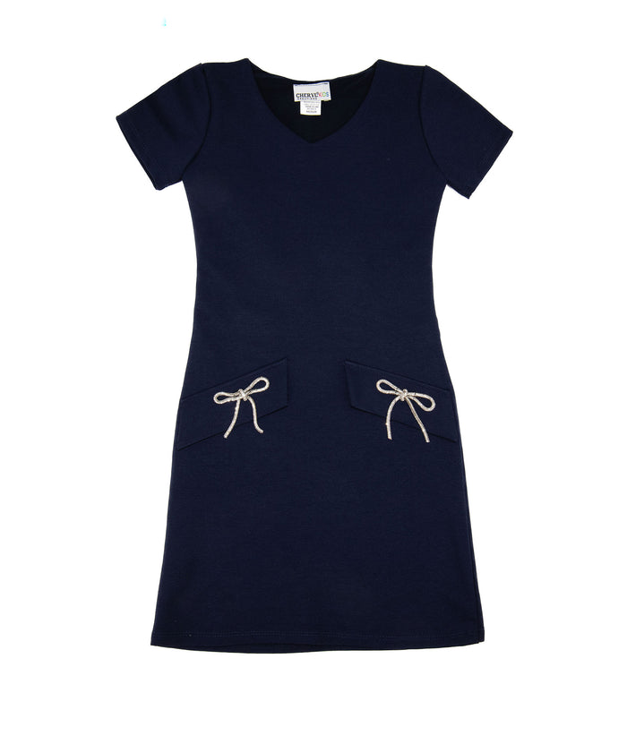 Cheryl Creations Girls Emily Bow Dress Navy Distressed/seasonal girls Cheryl Creations Navy Y/S (7/8)