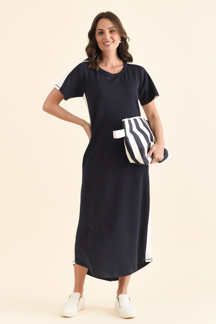Chicago Navy Stripe Tee Dress,brunette model,Front of Outfit,alt text|model:MJ