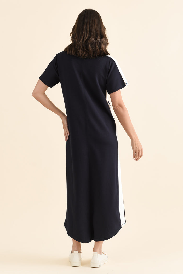 Chicago Navy Stripe Tee Dress,brunette model,Side of Outfit,alt text|model:MJ