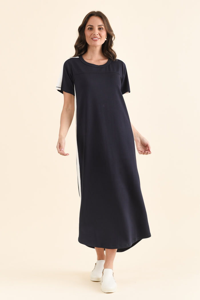 Chicago Navy Stripe Tee Dress,brunette model,Back of Outfit,alt text|model:MJ