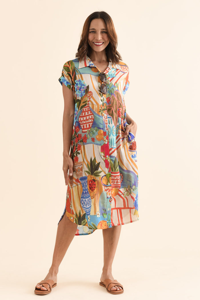 Chiya Blue Fruity Pocket Shirt Dress,Front,Brunette model,alt text|model:Cara