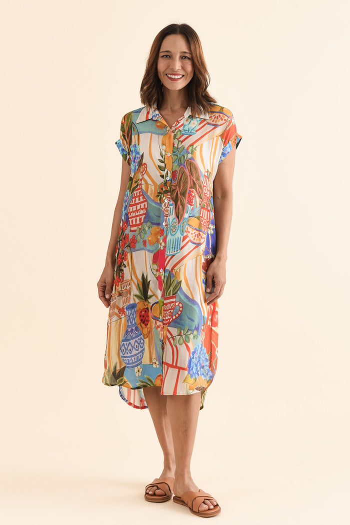 Chiya Blue Fruity Pocket Shirt Dress,Full Body,Brunette model,alt text|model:Cara