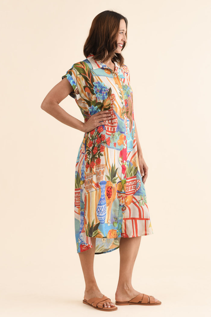 Chiya Blue Fruity Pocket Shirt Dress,Side,Brunette model,alt text|model:Cara