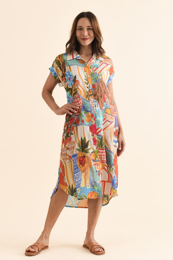 Chiya Blue Fruity Pocket Shirt Dress,Full Body,Brunette model,alt text|model:Cara