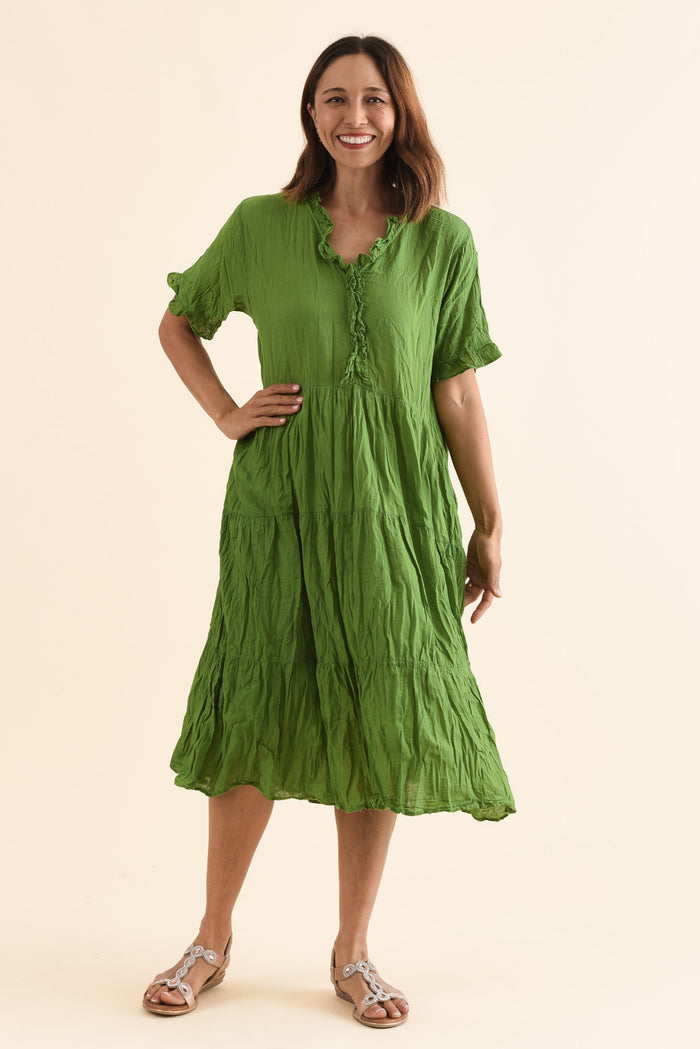 Cinder Fern Green Crinkle Cotton Ruffle Dress,Full Body,Brunette model,alt text|model:Cara