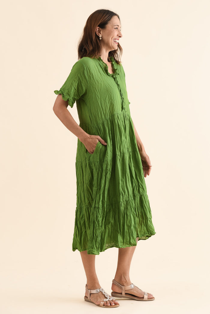 Cinder Fern Green Crinkle Cotton Ruffle Dress,Side,Brunette model,alt text|model:Cara