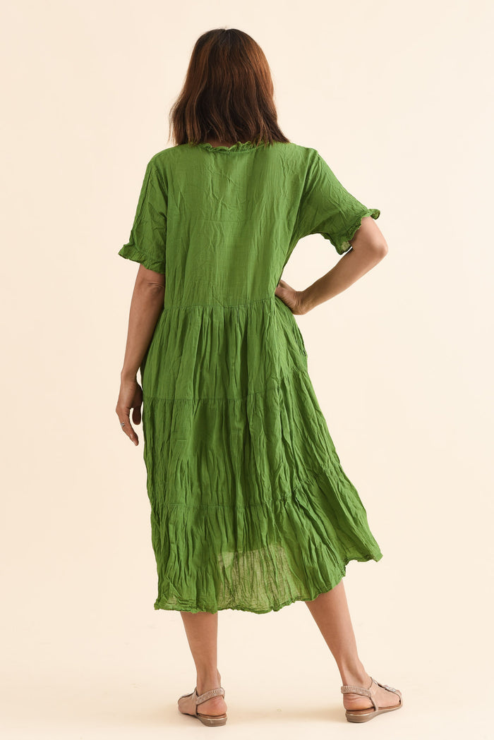 Cinder Fern Green Crinkle Cotton Ruffle Dress,Back,Brunette model,alt text|model:Cara