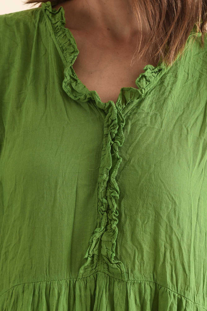 Cinder Fern Green Crinkle Cotton Ruffle Dress,Detail,Brunette model,alt text|model:Cara