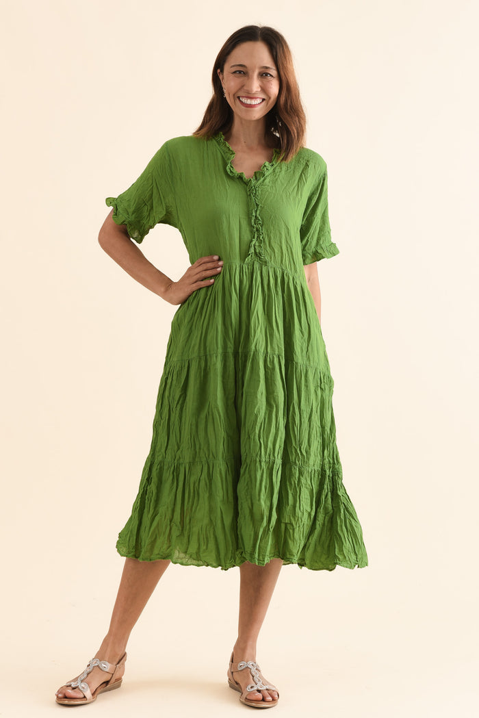Cinder Fern Green Crinkle Cotton Ruffle Dress,Full Body,Brunette model,alt text|model:Cara