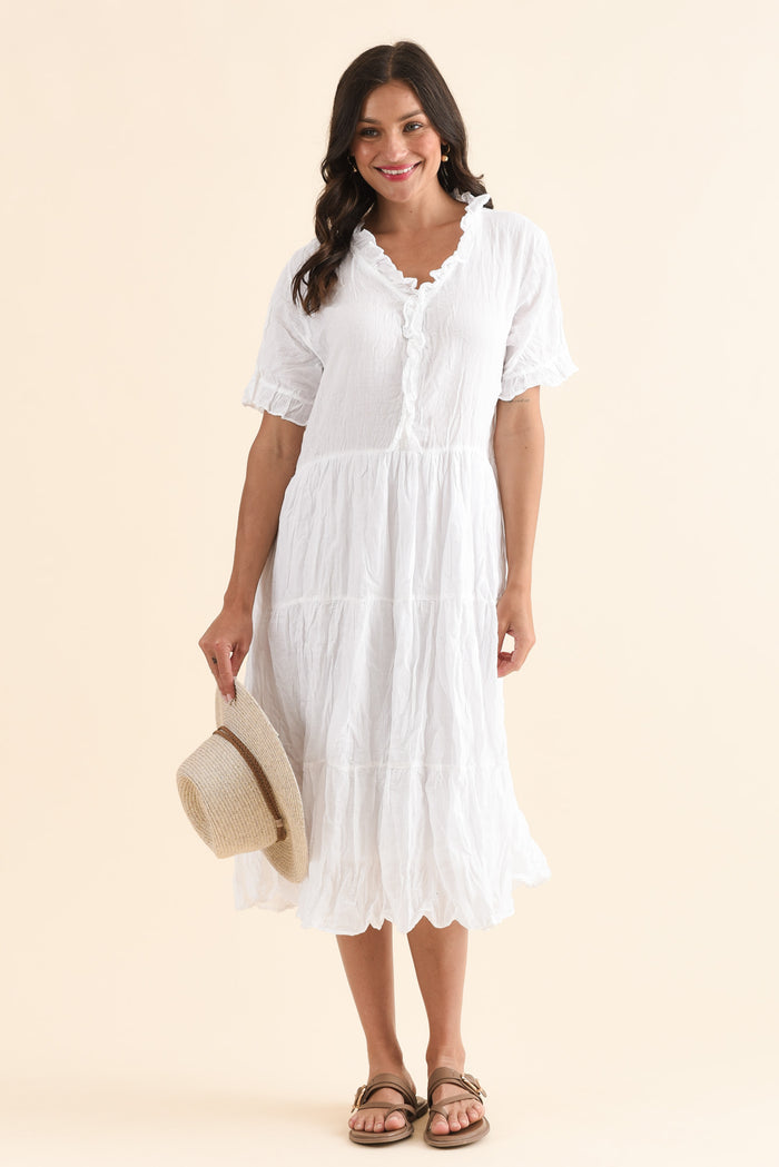 Cinder White Crinkle Cotton Ruffle Dress,Front,Brunette model,alt text|model:Brontie