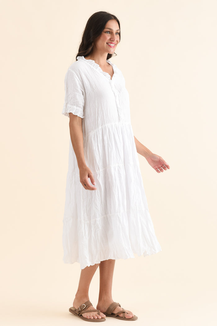 Cinder White Crinkle Cotton Ruffle Dress,Side,Brunette model,alt text|model:Brontie