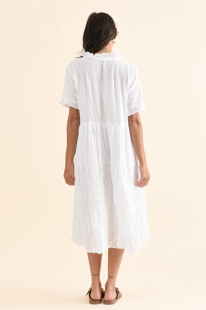 Cinder White Crinkle Cotton Ruffle Dress,Back,Brunette model,alt text|model:Brontie