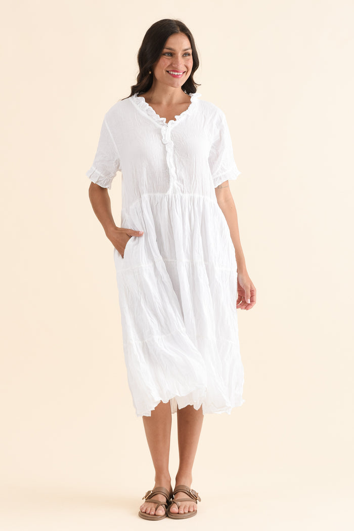 Cinder White Crinkle Cotton Ruffle Dress,Full Body,Brunette model,alt text|model:Brontie