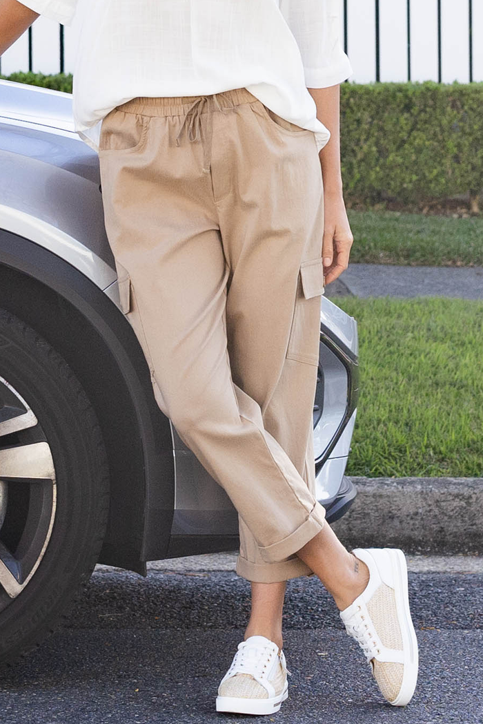 Cindy Beige Denim Cargo Pants,Brunette model,Lifestyle