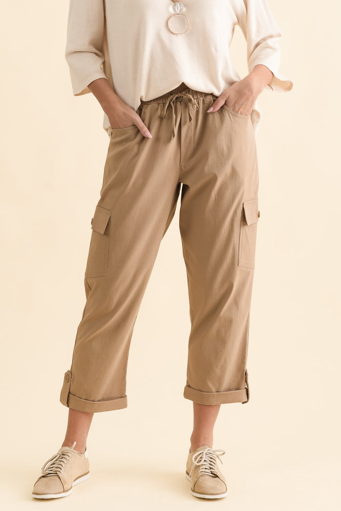 Cindy Beige Denim Cargo Pants,Brunette model,alt text|model:MJ