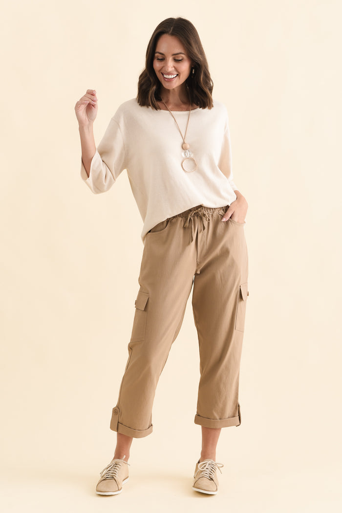 Cindy Beige Denim Cargo Pants,Brunette model,alt text|model:MJ