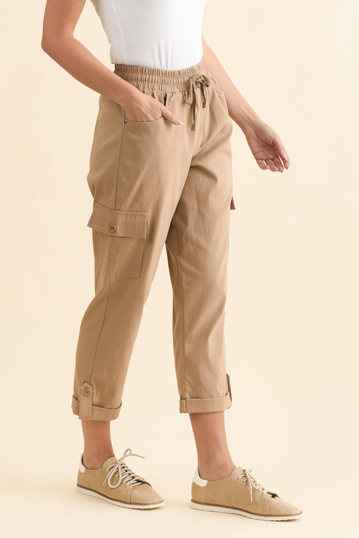 Cindy Beige Denim Cargo Pants,Brunette model,alt text|model:MJ