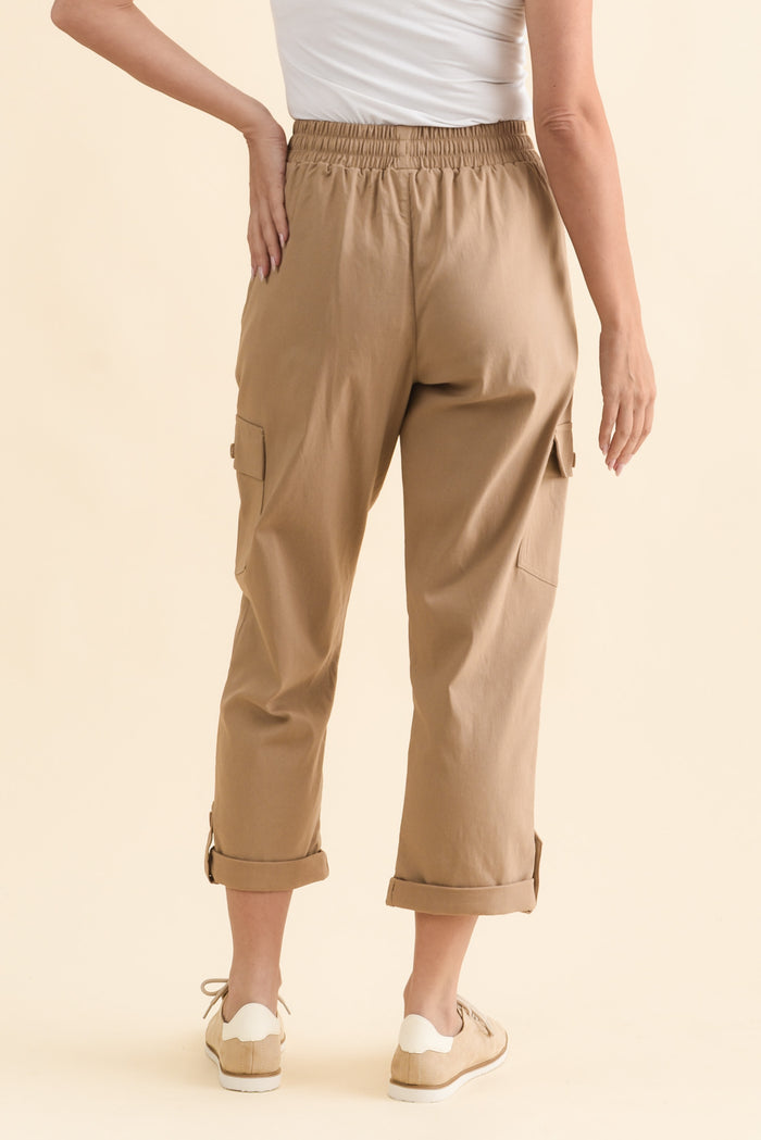 Cindy Beige Denim Cargo Pants,Brunette model,alt text|model:MJ