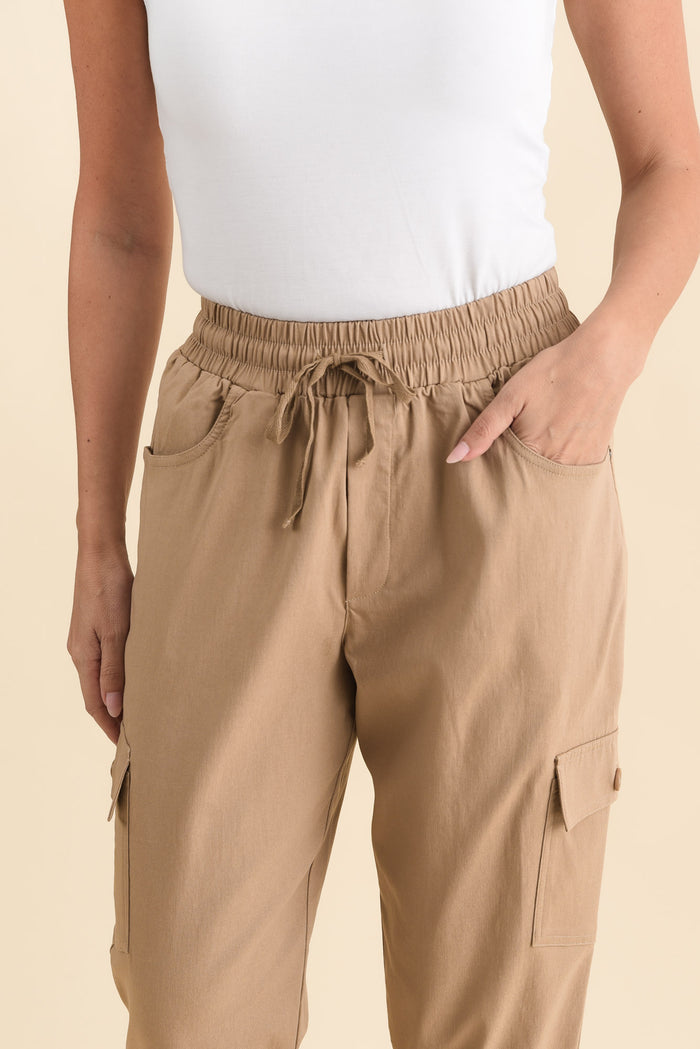 Cindy Beige Denim Cargo Pants,Brunette model,alt text|model:MJ
