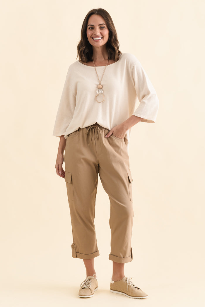 Cindy Beige Denim Cargo Pants,Brunette model,alt text|model:MJ