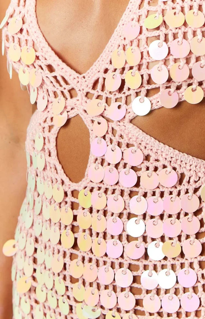 Cindy Pink Sequin Crochet Mini Dress