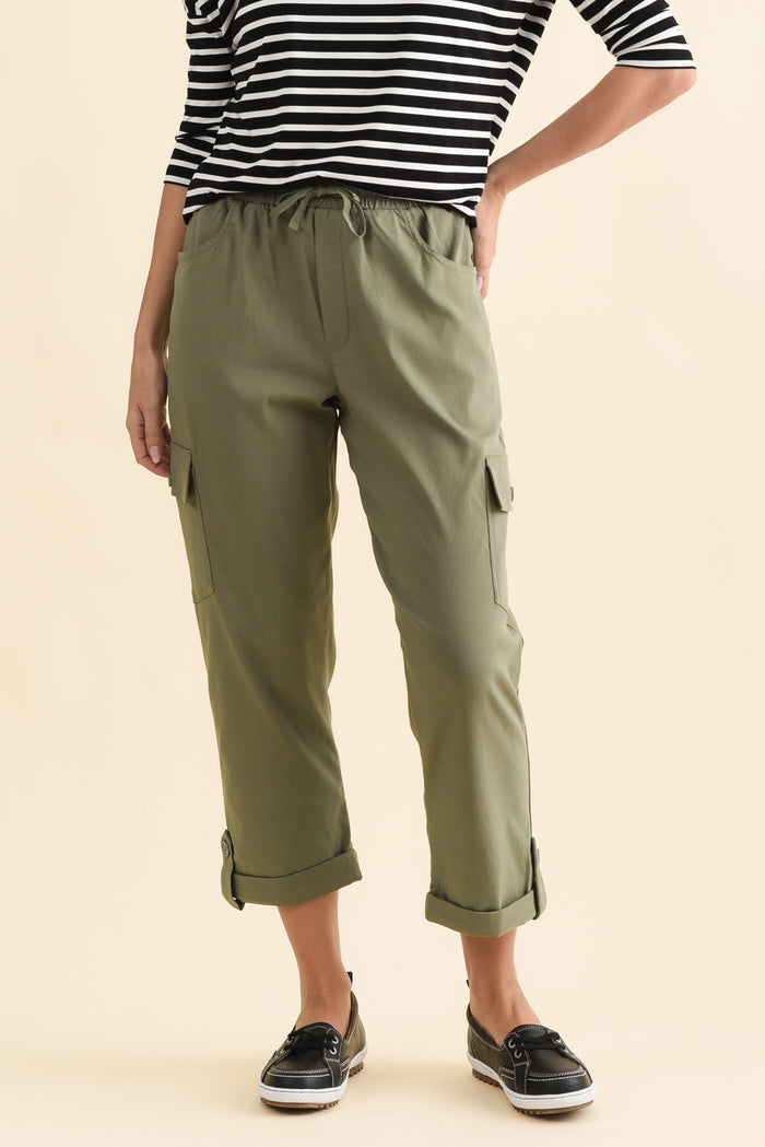 Cindy Sage Denim Cargo Pants,Brunette model,alt text|model:MJ