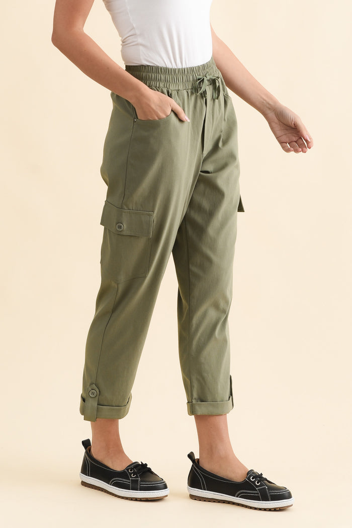 Cindy Sage Denim Cargo Pants,Brunette model,alt text|model:MJ