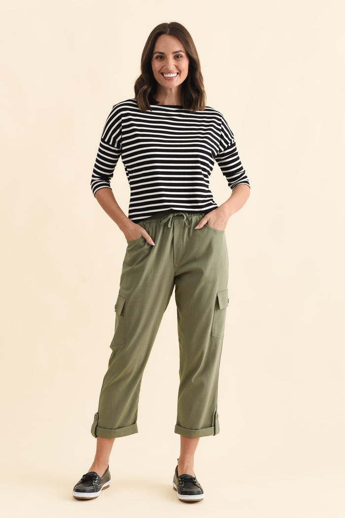 Cindy Sage Denim Cargo Pants,Brunette model,alt text|model:MJ