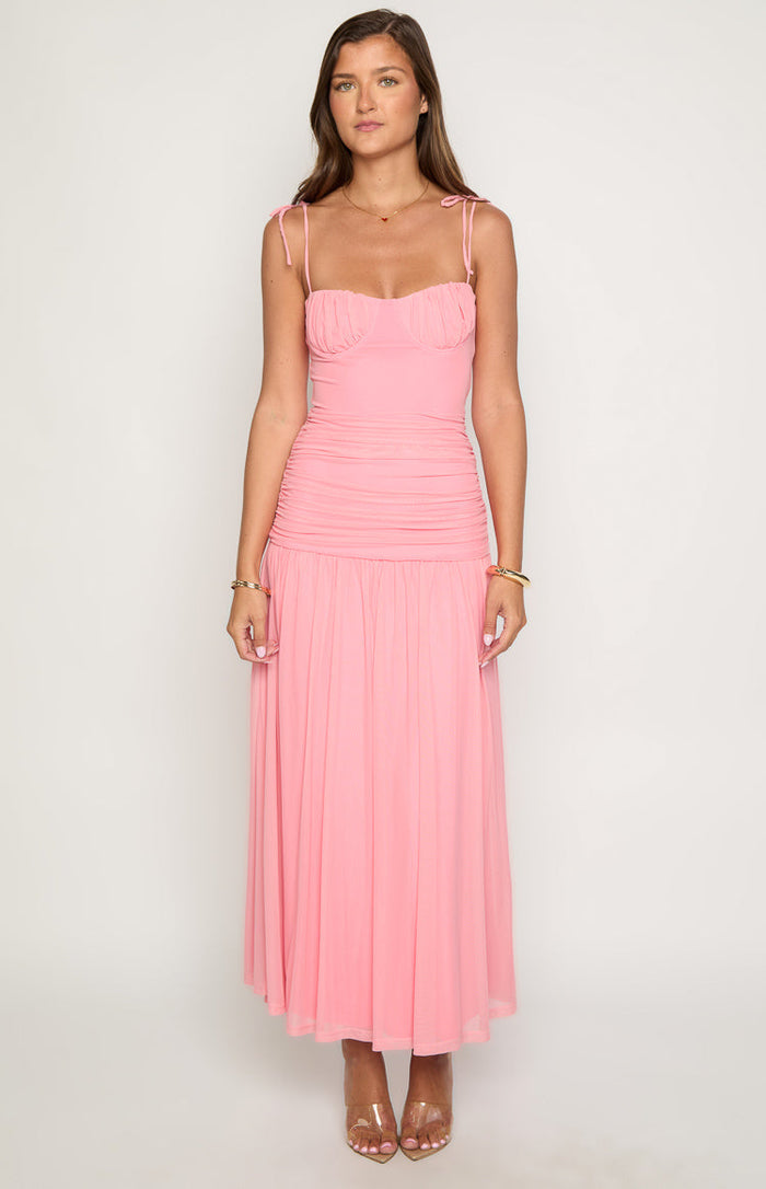 Front view of a pink maxi dress with a ruched bust and bodice, and a flowing pleated skirt