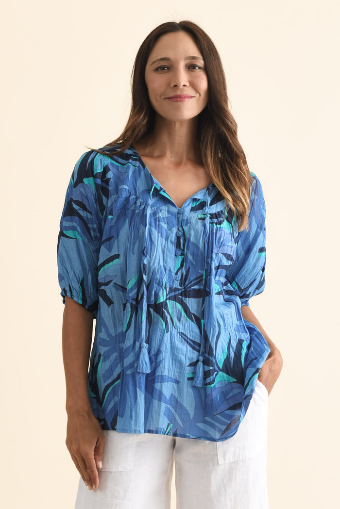 Claris Blue Leaf Crinkle Cotton Top,Brunette model,alt text|model:Cara