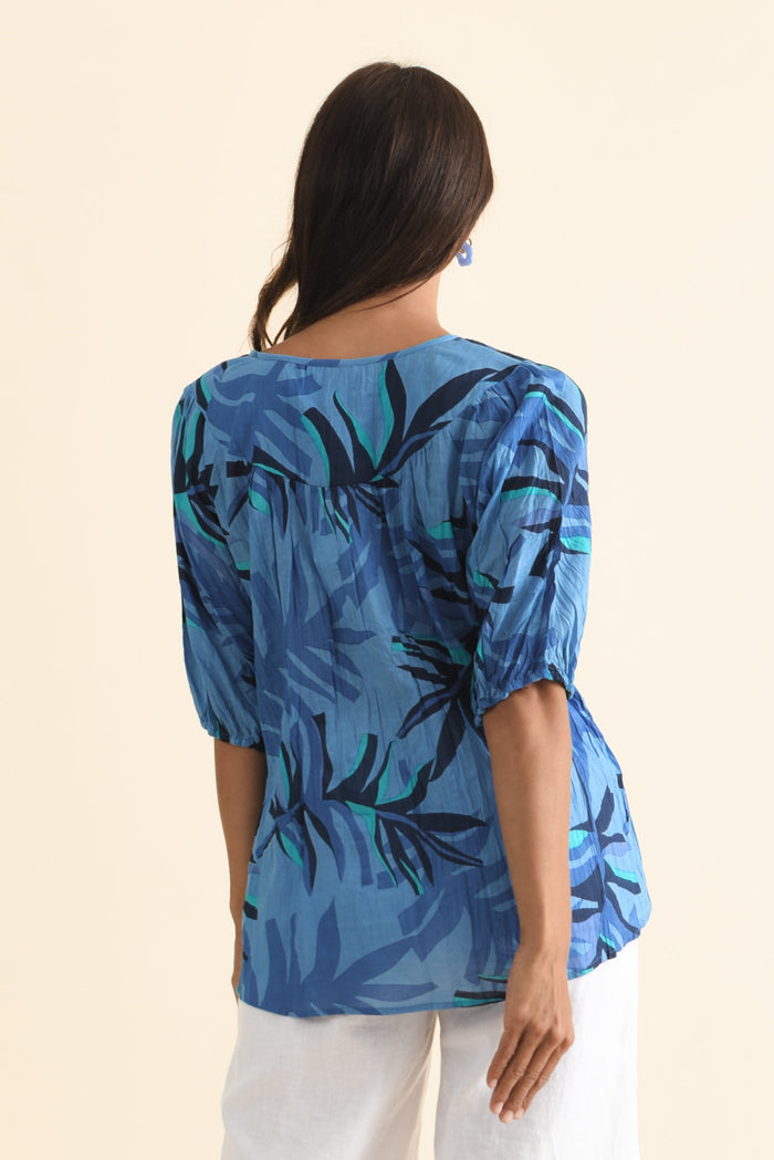 Claris Blue Leaf Crinkle Cotton Top,Brunette model,alt text|model:Cara