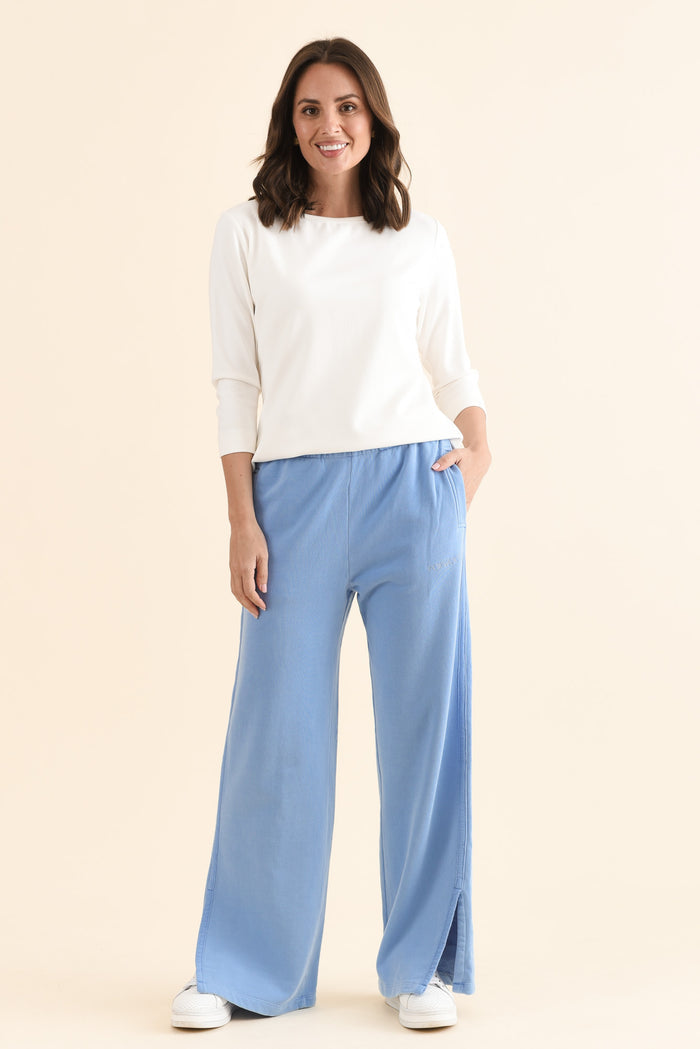 Classic Blue Cotton Split Sweatpants,Full Body,Brunette model,alt text|model:MJ