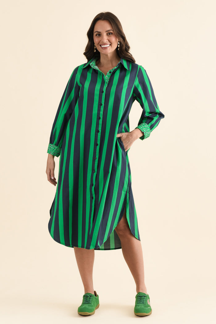 Claude Green Stripe Cotton Poplin Dress,brunette model,Front of Outfit,alt text|model:MJ