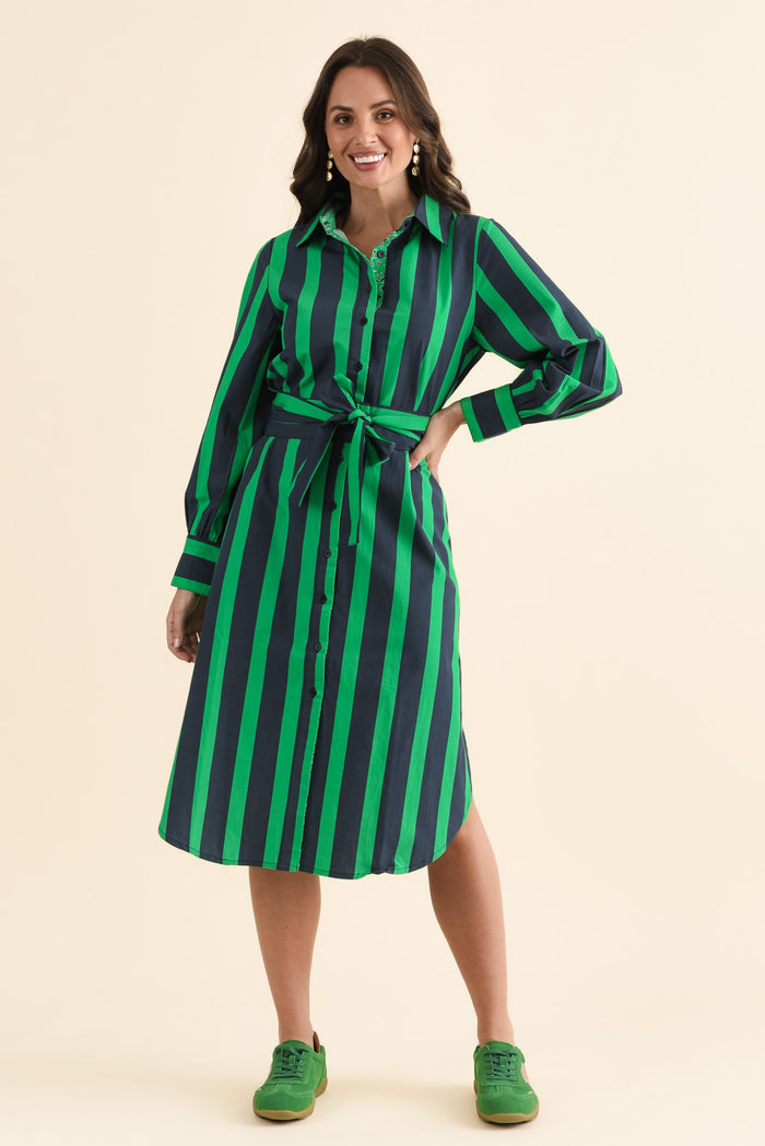 Claude Green Stripe Cotton Poplin Dress,brunette model,Full Outfit,alt text|model:MJ