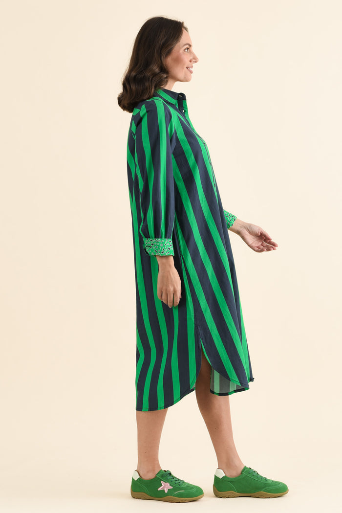 Claude Green Stripe Cotton Poplin Dress,brunette model,Side of Outfit,alt text|model:MJ