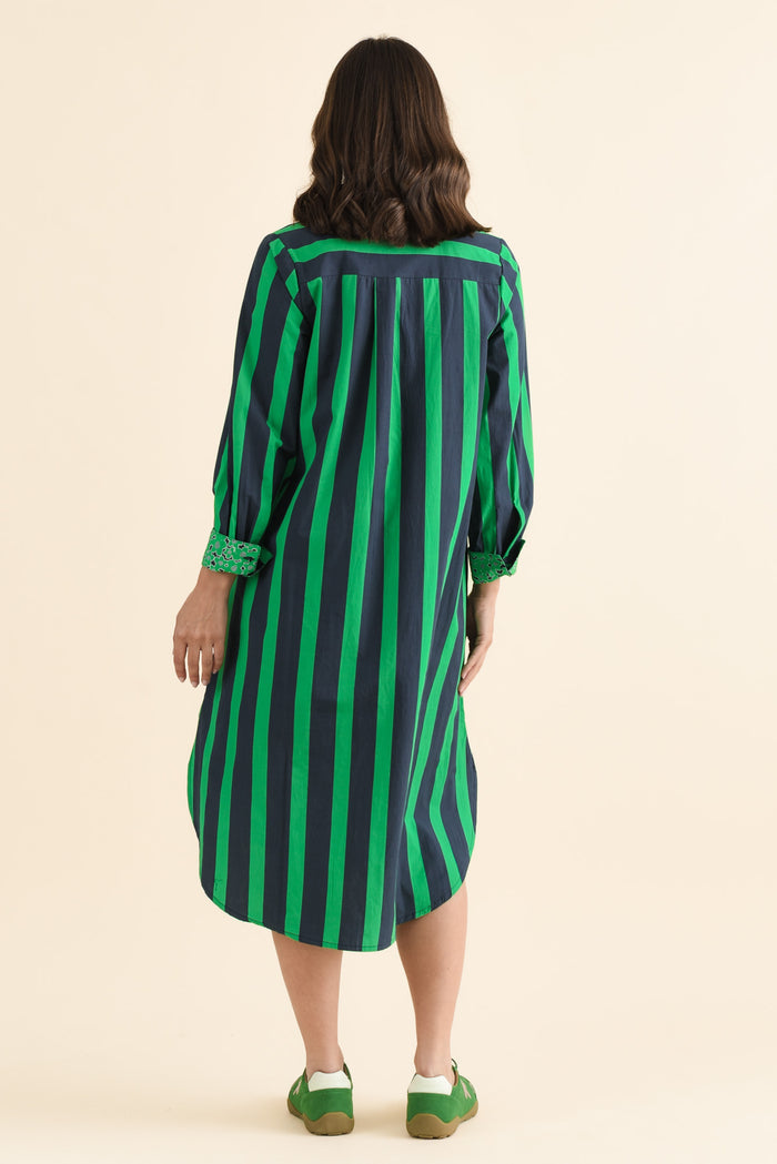 Claude Green Stripe Cotton Poplin Dress,brunette model,Back of Outfit,alt text|model:MJ