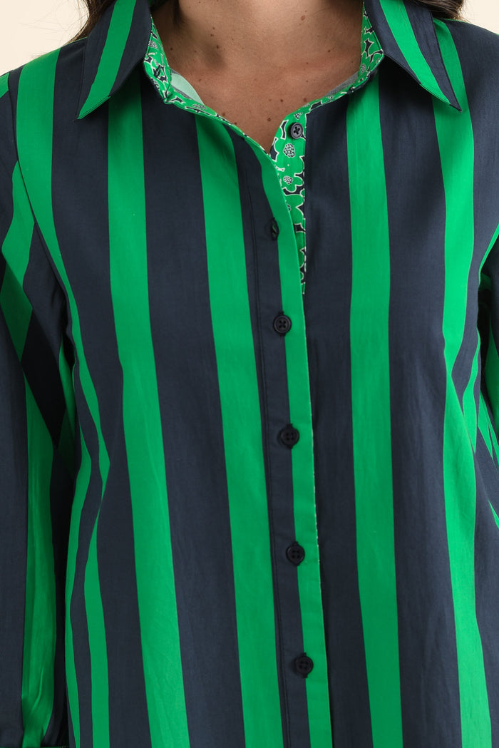 Claude Green Stripe Cotton Poplin Dress,brunette model,Close up of outfit,alt text|model:MJ