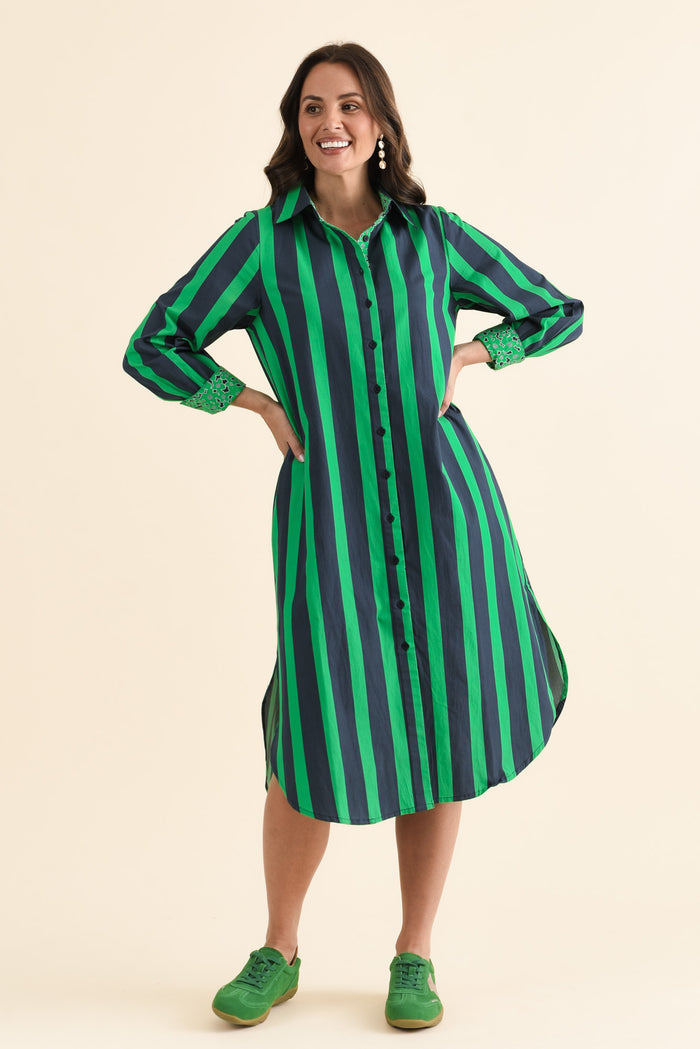 Claude Green Stripe Cotton Poplin Dress,brunette model,Full Outfit,alt text|model:MJ
