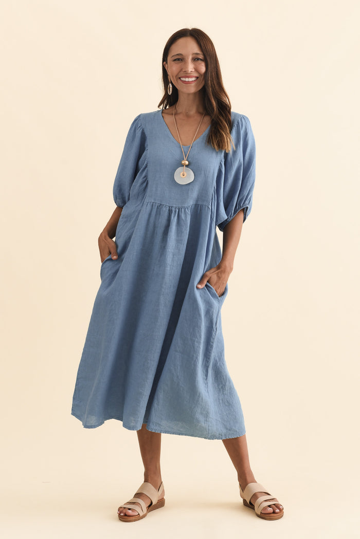 Claudine Steel Linen Pocket Dress,Brunette model,alt text|model:Cara